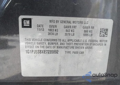 2014 Chevrolet Cruze Eco Manual из США, поврежденный, VIN 1G1PJ5SBXE7235892